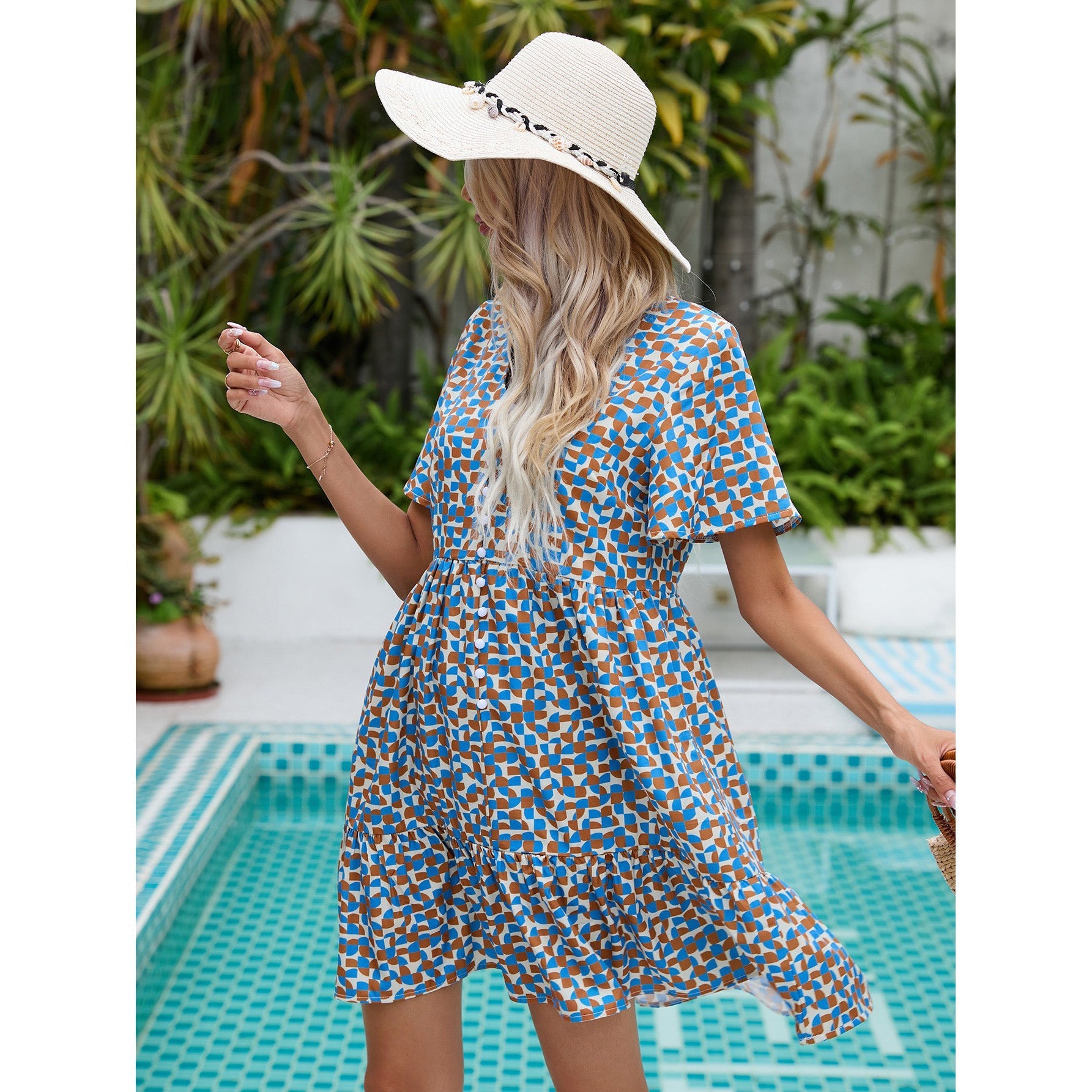 A-linjeformad Midi Klänning för Kvinnor med V-ringning och Kort Ärmar i Polyester - Elegant och Bekväm Stil 5