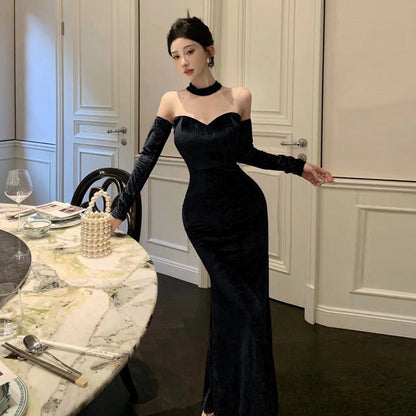 Kvinnors Aftonklänning Lång Off-Shoulder Polyester Elegant Halterneck-2