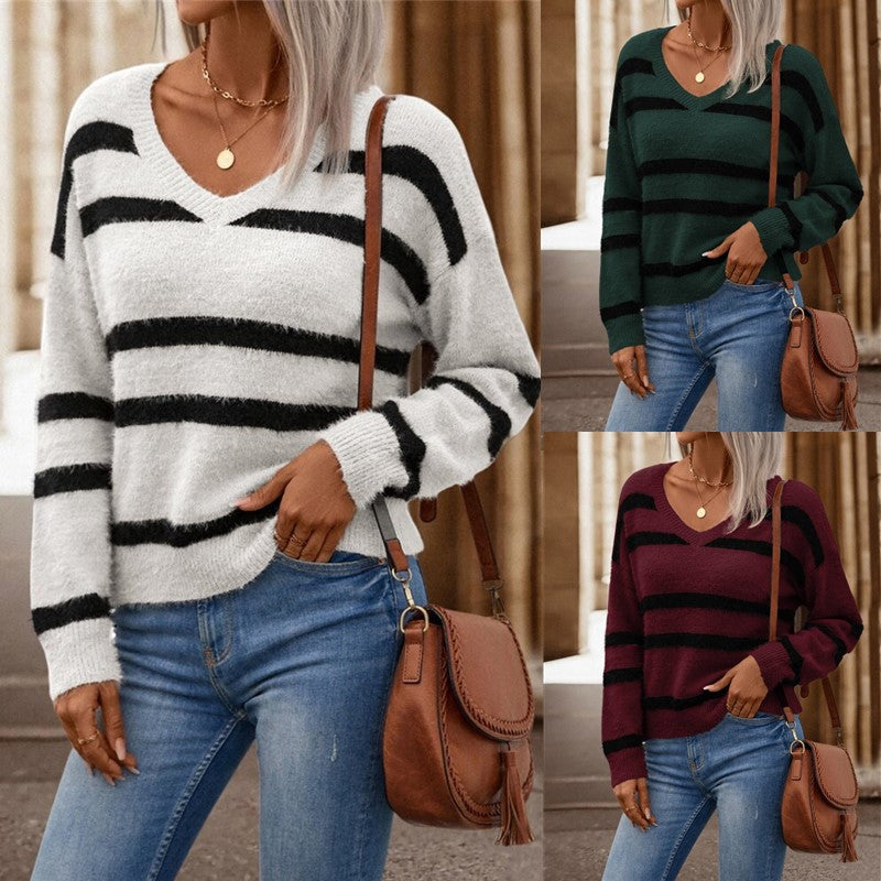 Stickad Dam Tröja V-ringning Akryl Lätt Loose Fit-2