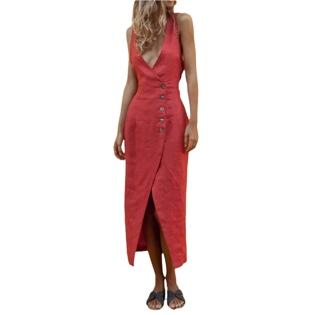 Kvinnors Midi Klänning Ärmlös V-Hals Bomullsblandning 3