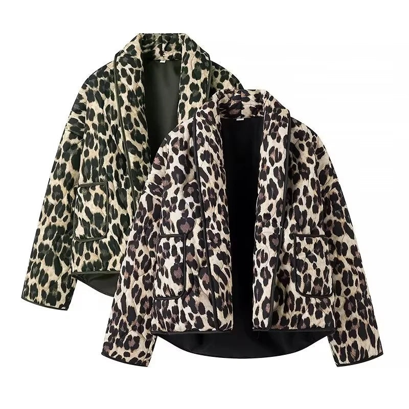 Kvinnors Quiltad Jacka Leopardmönster Hållbart Isolerande Material 6