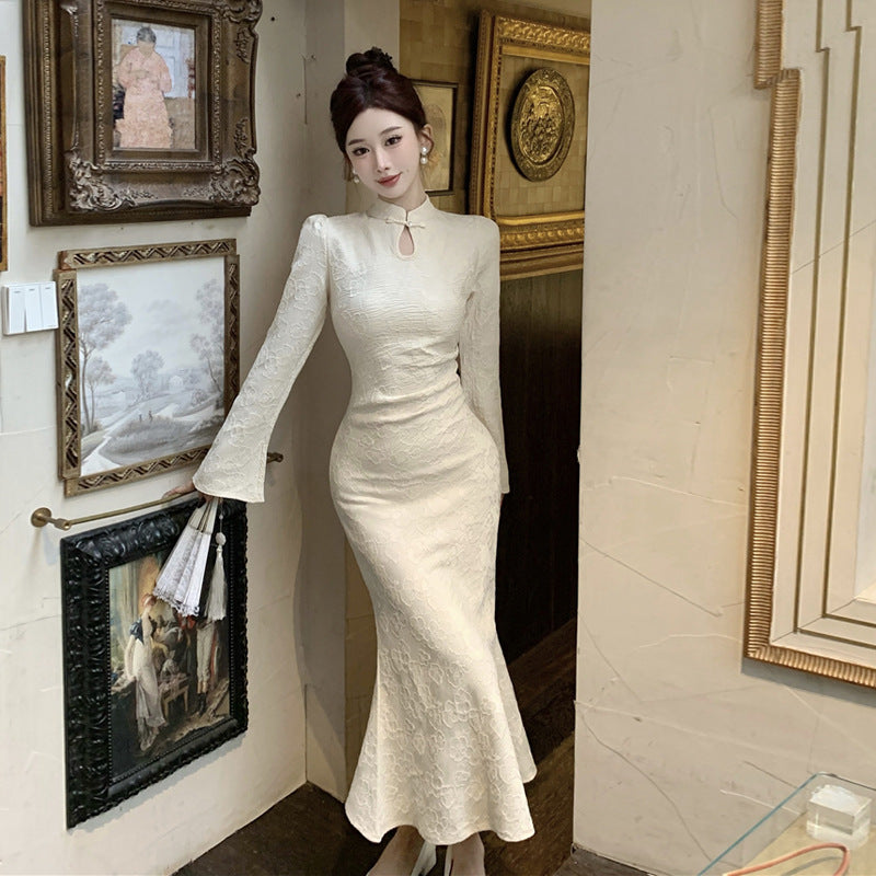 Variant image for Kvinna Lång Klänning Sjöjungfru Stil Ståkrage Högkvalitativt Tyg-1