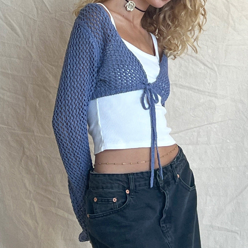 Dam Kort Cardigan med Snörning i Mjuk Akryl-Bomull-3