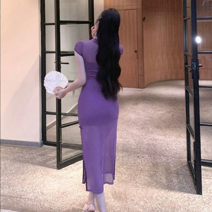 Dam Qipao Klänning Lång Tyll Hög Slits Ärmlös Pendelstil-4