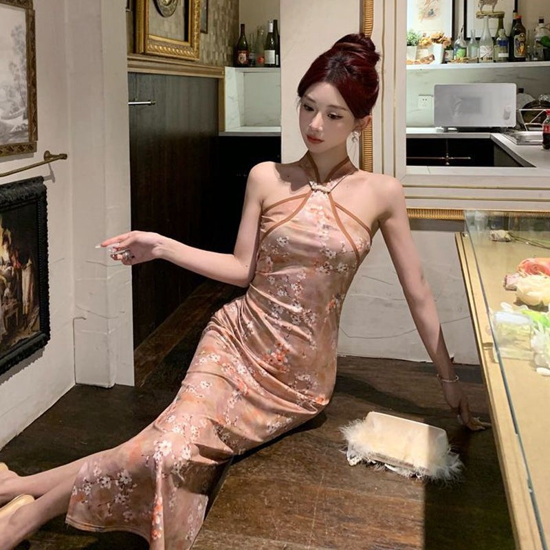 Kvinna Cheongsam Klänning Blommönster Polyester Smal Passform-5