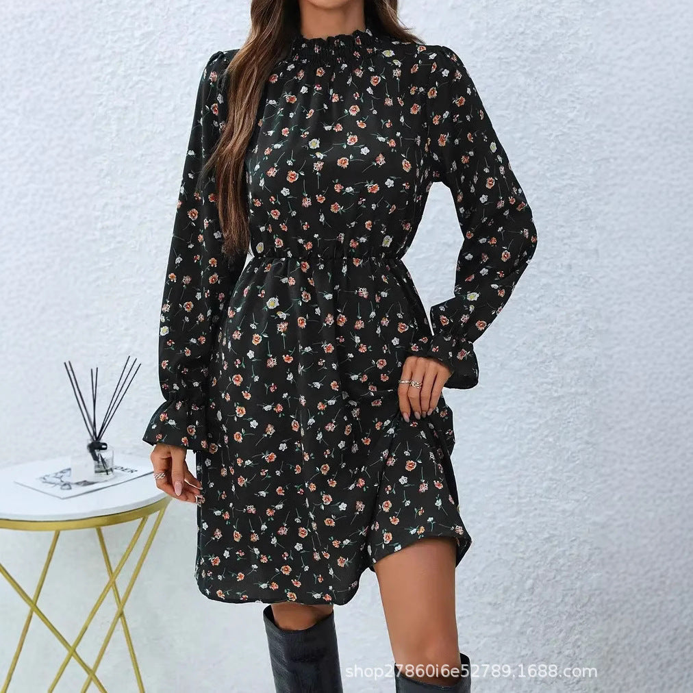 Kvinnors Midi Klänning A-linjeformad Polyester med Ståkrage-4