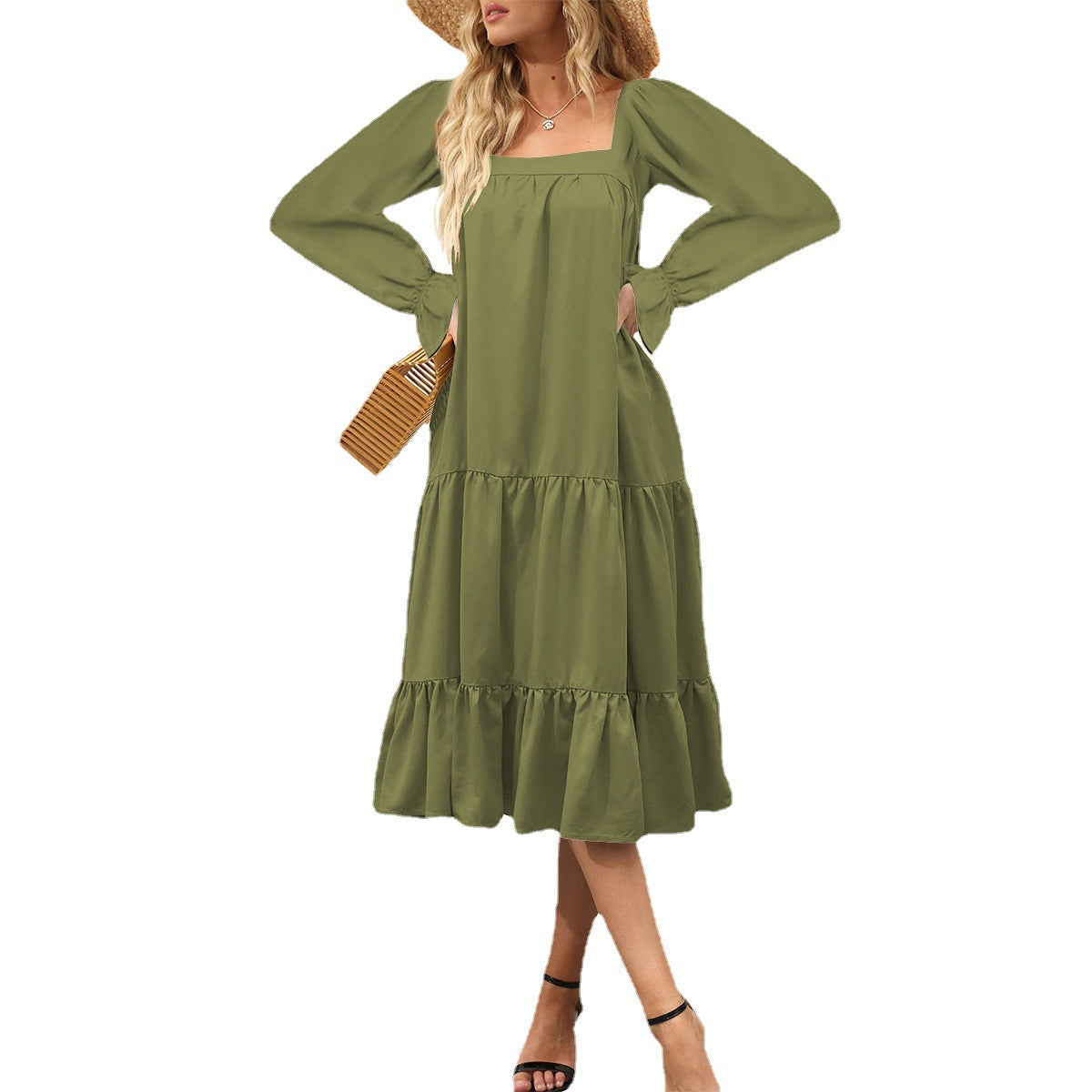 Maxiklänning Dam A-linjeformad Viskosfiber med Långa Ärmar och Volanger-5