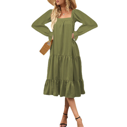 Maxiklänning Dam A-linjeformad Viskosfiber med Långa Ärmar och Volanger-5