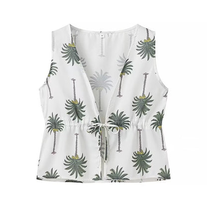 Dam Casual Set Ärmlös Polyester Tryckt Väst och Långa Byxor-2