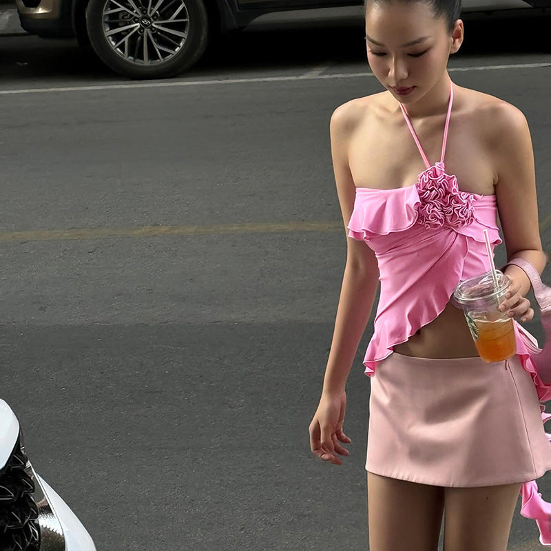 Kvinnors Ruffle Topp Asymmetrisk Design Andningsbart Material 5