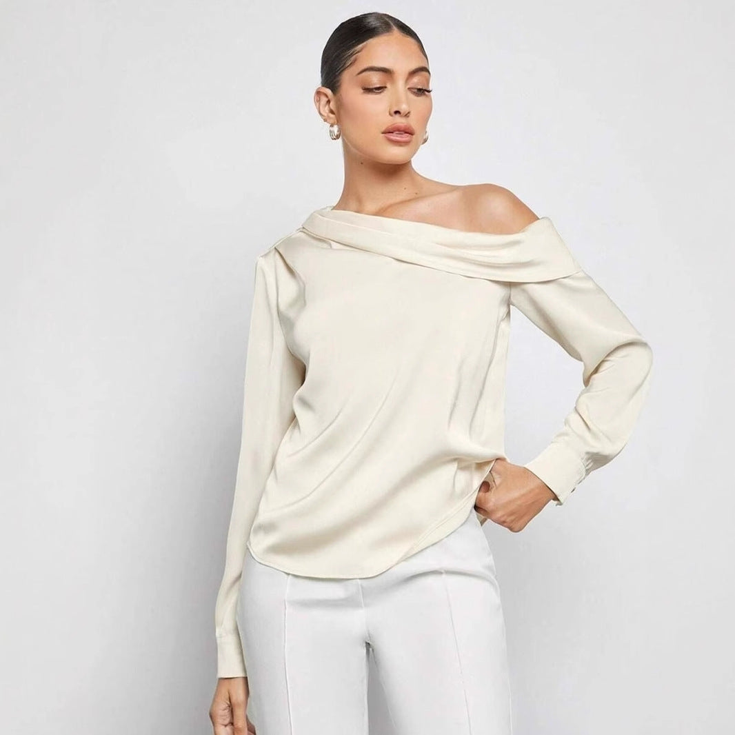 Dam Asymmetrisk Blus Off-Shoulder Satin-4