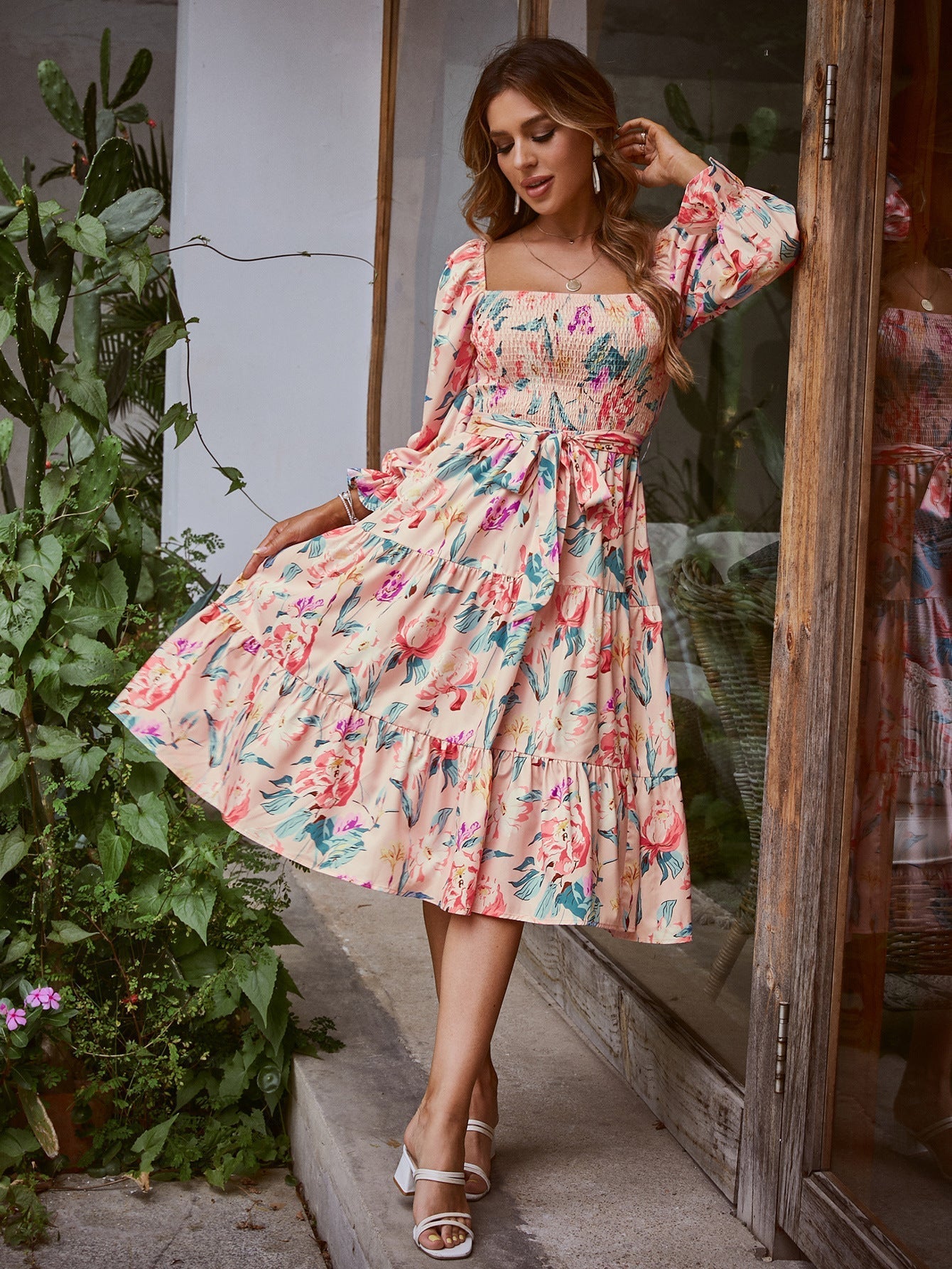 Kvinna Lång Klänning A-linje Hög Midja Polyester med Trumpetärmar-5