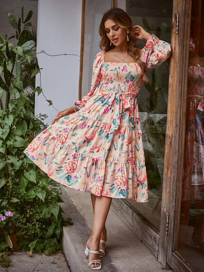 Kvinna Lång Klänning A-linje Hög Midja Polyester med Trumpetärmar-5