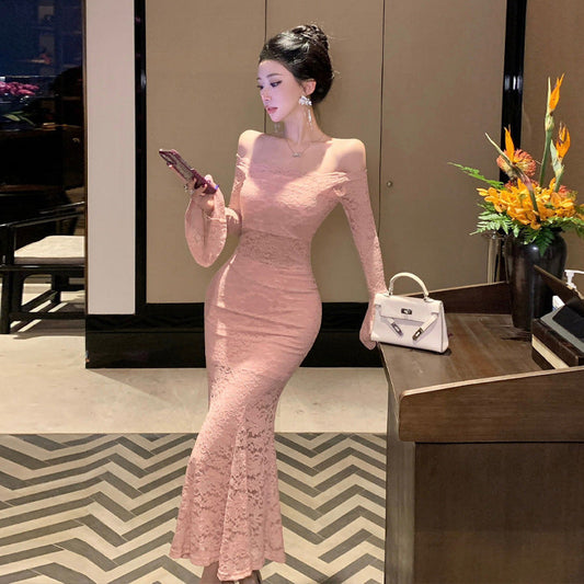 Kvinna Lång Klänning Axelfri Dramatiska Ärmar Högkvalitativt Tyg-1