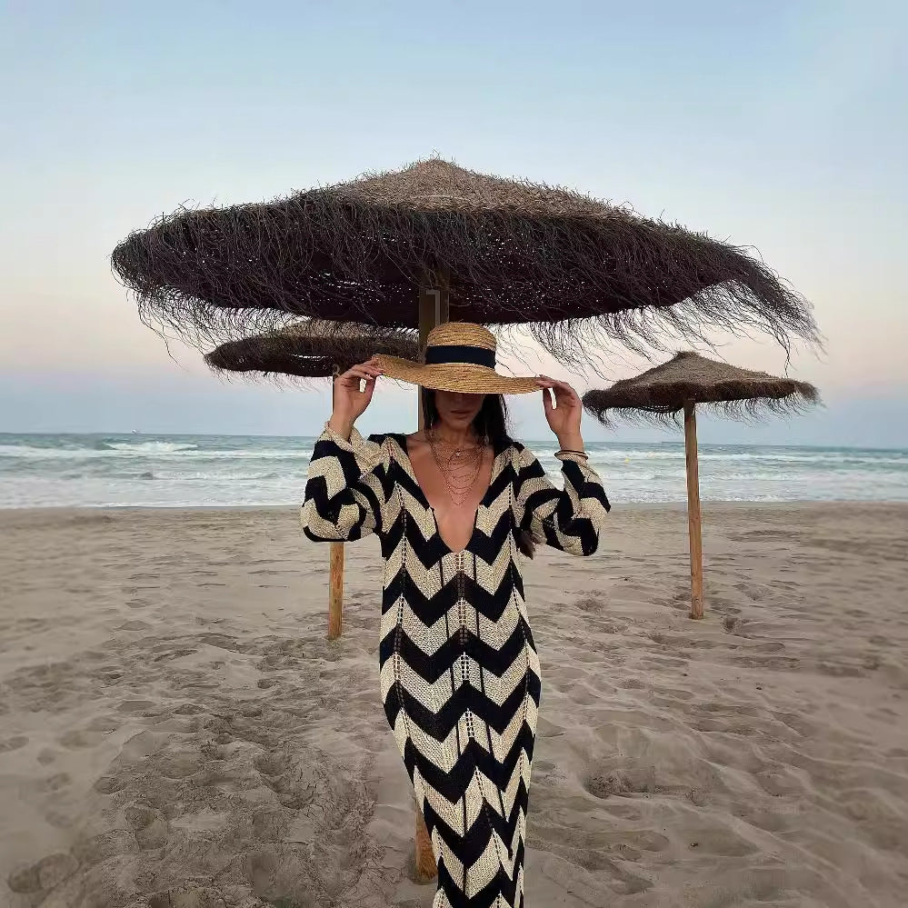 Dam Stickad Klänning Chevronmönster Djup V-hals Bomullsblandning-5