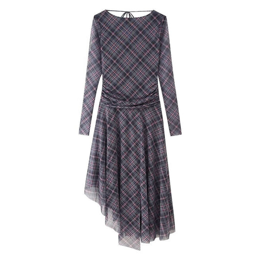 Dam Klänning Rutig A-Line Polyester Midi Långärmad-1