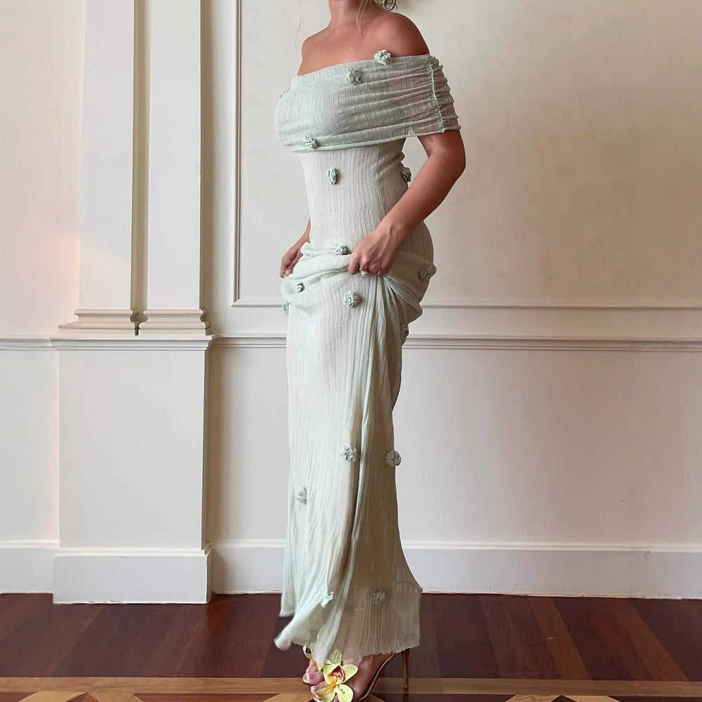 Maxiklänning Dam Off-Shoulder med Dekorativa Detaljer – Lång Sommarklänning i Andningsbart Material 5