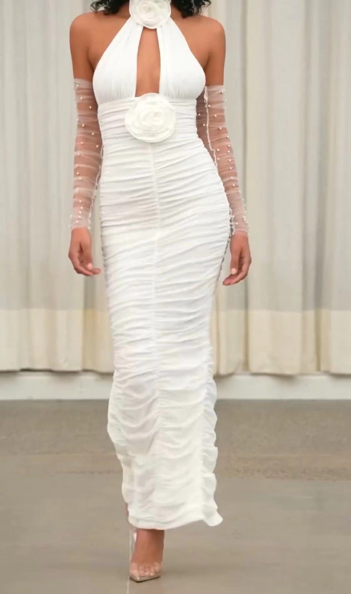 Dam Klänning Halter Asymmetrisk Nät Material-2