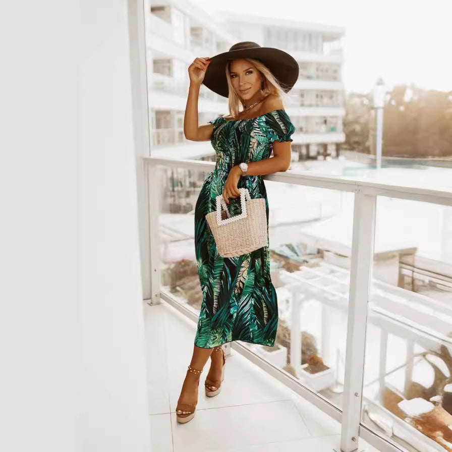 Kvinnors A-linjeformad Klänning Kortärmad Polyester med Tryck-3