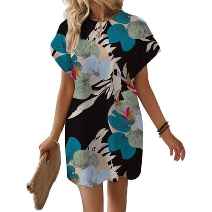 Dam Stickad Klänning Blommönster med Fickor Polyester Spandex-6