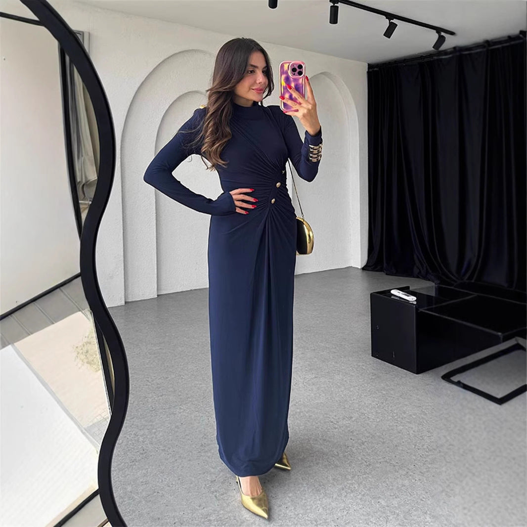 Elegant A-Linje Damklänning med Långa Ärmar och Midjeknapp – 100% Polyester, Fina Dam Klänningar för Vardags och Fest 5