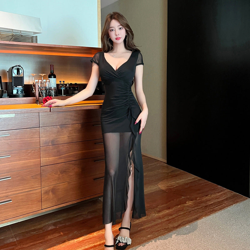 Damklänning Delad Fransnätverk Design Polyester Elastan-3