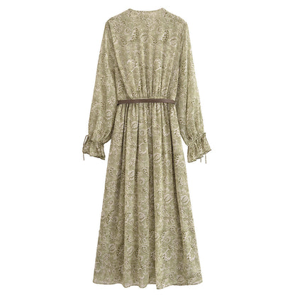 Fina Dam Klänningar Långärmad V-ringning Mönstrad Polyester-3