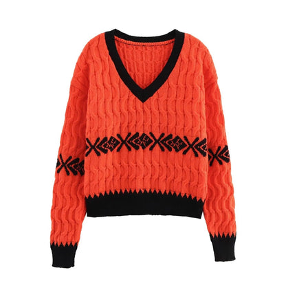 Stickad Dam Tröja med V-Ringning och Kontrasterande Mönster – Mjuk och Bekväm för Höst och Vinter 3