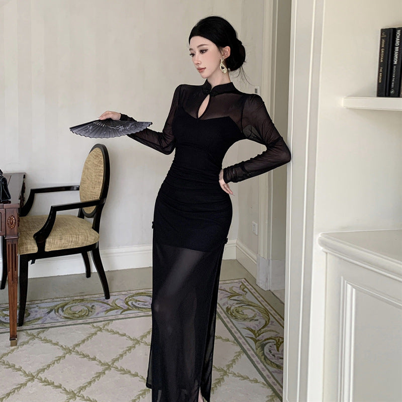 Kvinna Cheongsam Klänning Transparent Mesh Skarvad Mock Neck-2