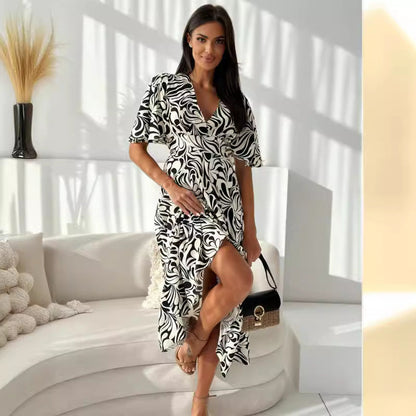 Damklänning A-linje V-hals Elastisk Midja Polyester-4