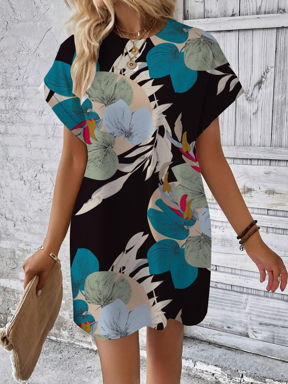 Dam Stickad Klänning Blommönster med Fickor Polyester Spandex-1