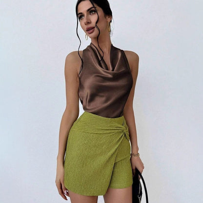 Dam Ärmlös Kamisol Halterneck Satin Rynkad-4