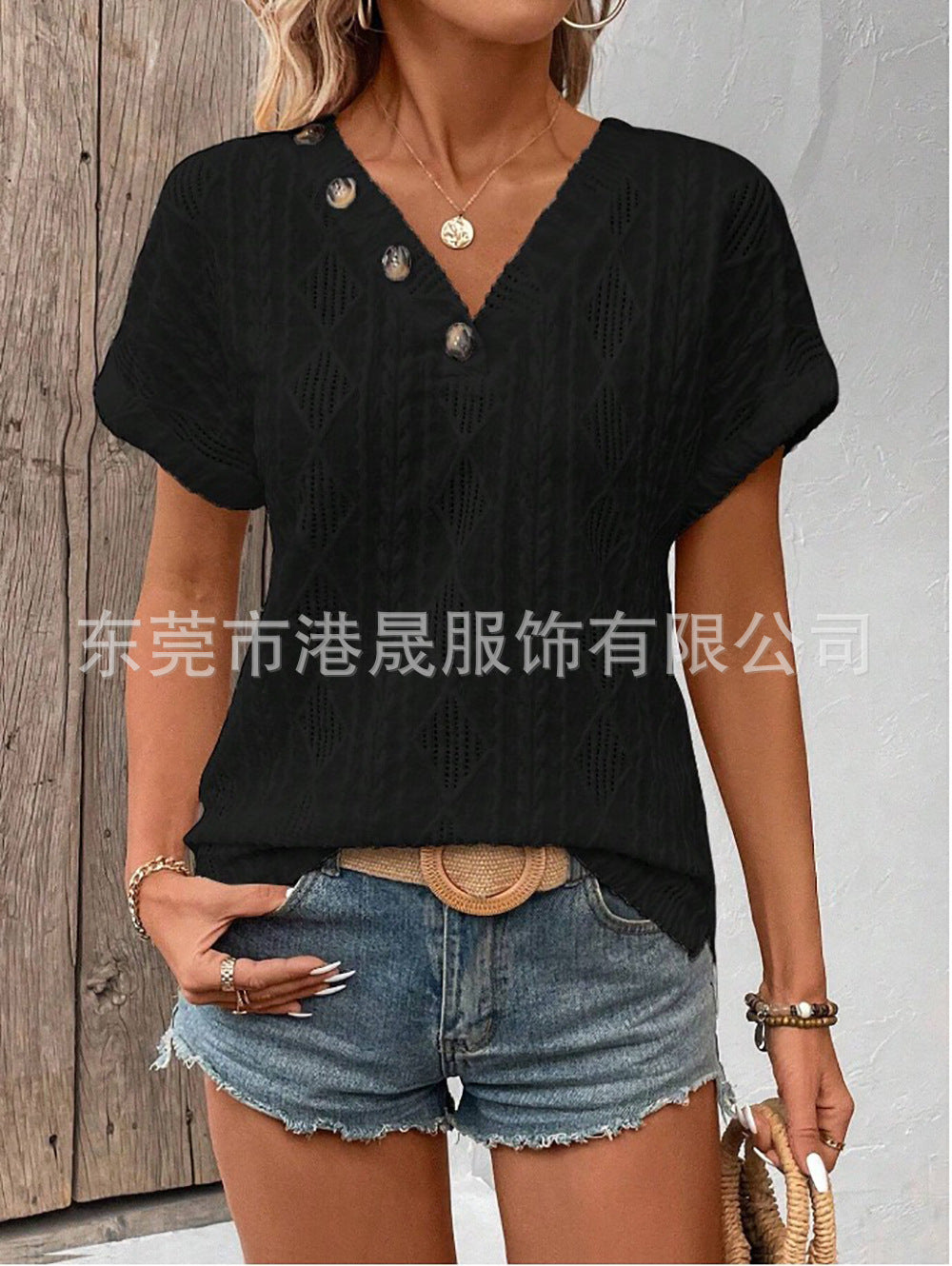 Variant image for Dam T-shirt V-ringning Korta Ärmar Spets Geometrisk Mönster-17