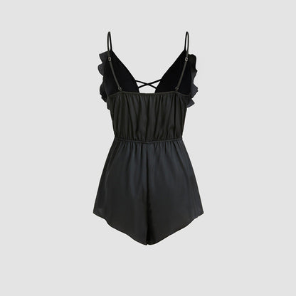 Dam Bodysuit Djup V-ringning Ärmlös Polyester Ruffle Hem-4