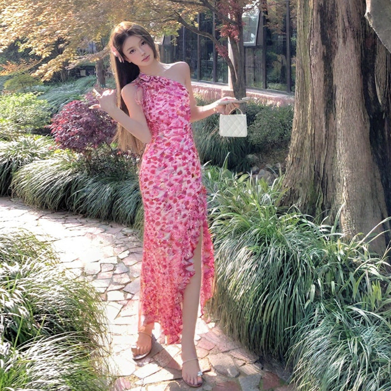 Kvinna Maxi Klänning Asymmetrisk Polyester med Blommönster-2