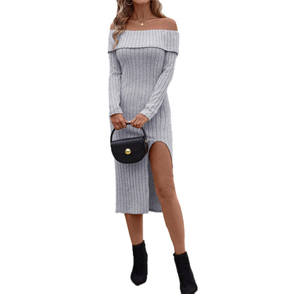 Kvinnors Klänning Off-Shoulder Hög Slits Elastisk 6