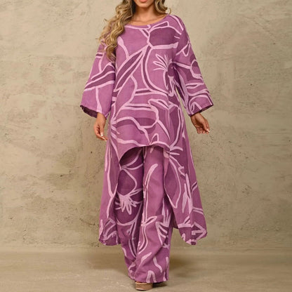 Variant image for Dam Oregelbunden Topp och Hög Spolade Byxor Blommigt Polyester Fritid-9