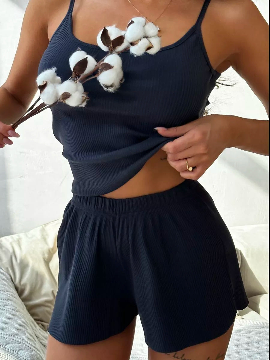 Dam Pyjamas Set ärmlös Shorts Polyester Avslappnad Stil 8