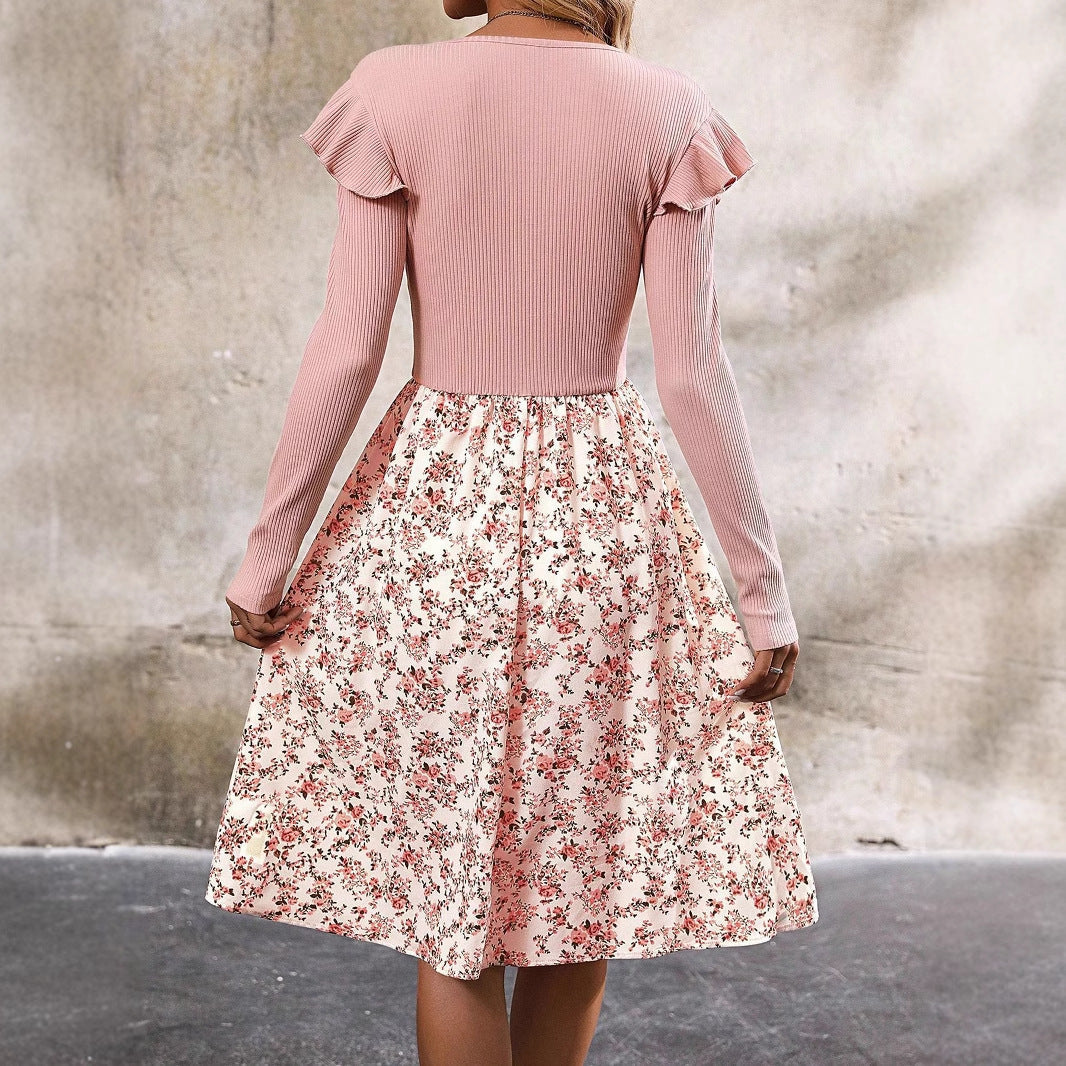 Kvinna A-Linje Klänning Blommig Polyester Långa Ärmar-3