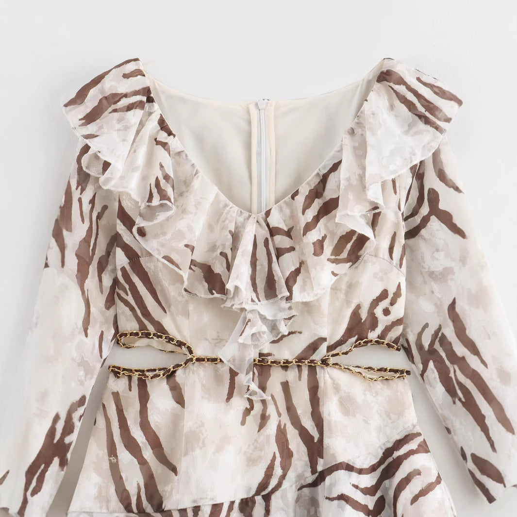 Kvinna Midi Klänning Leopardmönster Långärmad Polyester-2