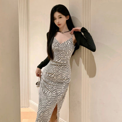 Kvinnors V-Neck Klänning Sammet Långärmad Cardigan Set-3