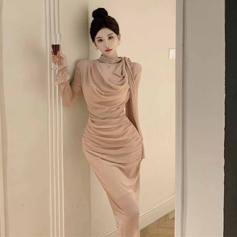 Kvinnors Lång Klänning Klockärmar Knappdesign Polyester-3