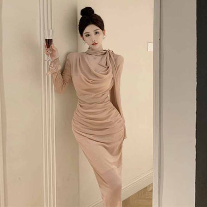 Kvinnors Lång Klänning Klockärmar Knappdesign Polyester-3