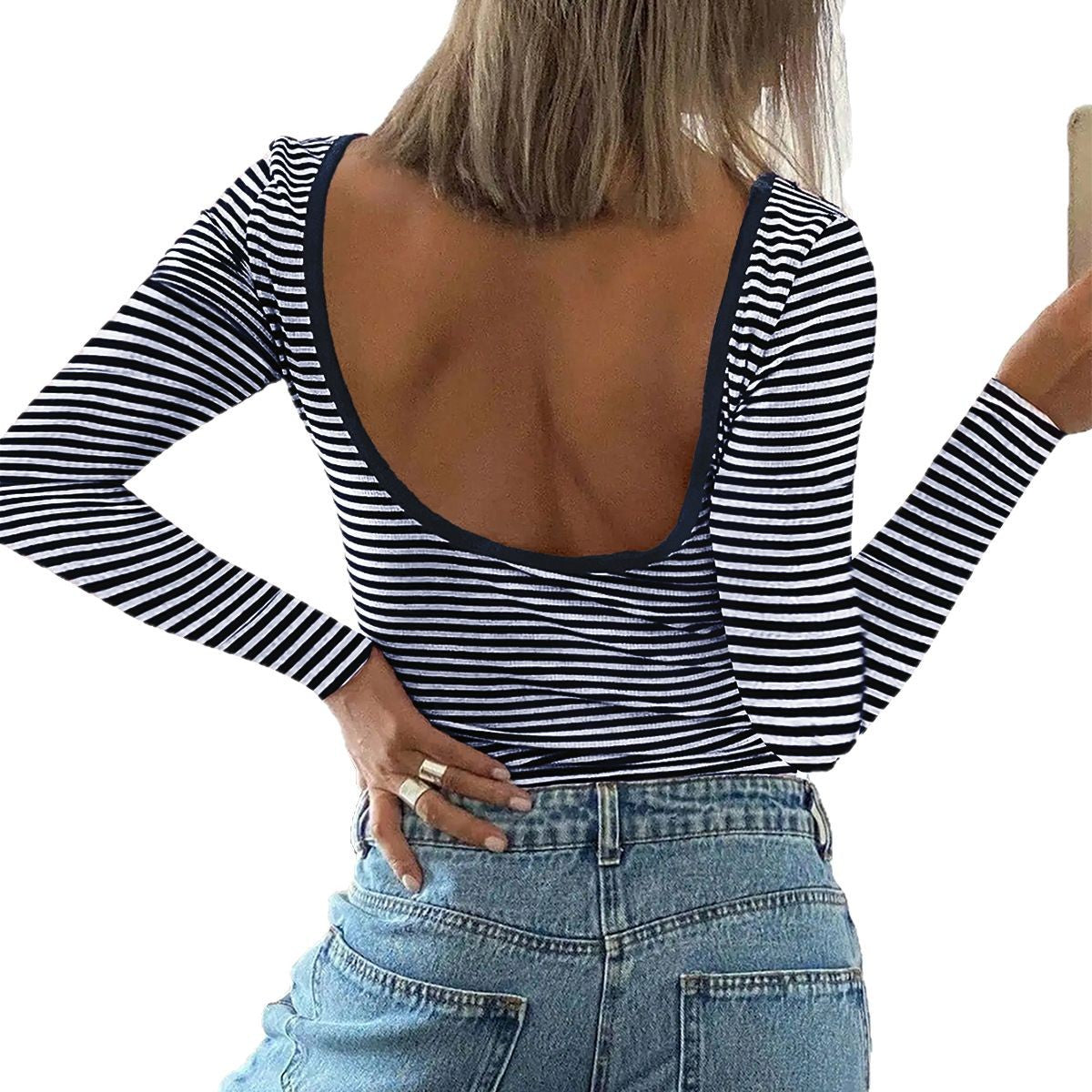 Långärmad T-shirt Dam Randig Viskos Slim Fit Färgblock-5