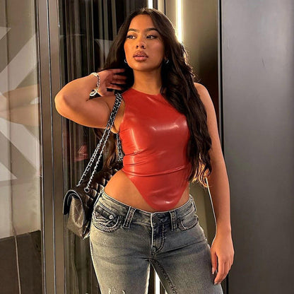 Kvinnors Ärmös Tröja Rundhalsad PU Material Lätt Elastisk-3