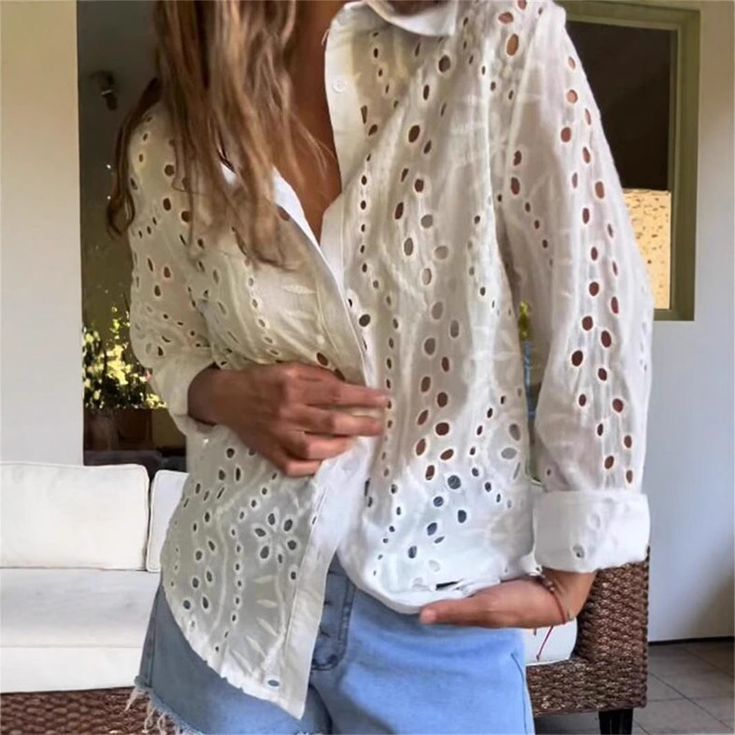 Dam Skjorta Broderad Polyester Regular Fit Lång Ärmar-2