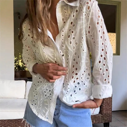 Dam Skjorta Broderad Polyester Regular Fit Lång Ärmar-2