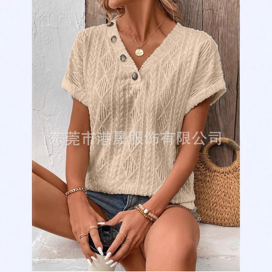 Dam T-shirt V-ringning Korta Ärmar Spets Geometrisk Mönster-3