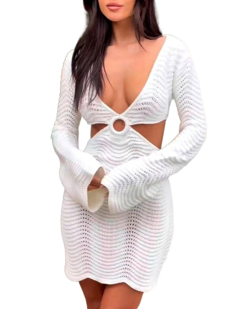 Dam Strandklänning A-linjeformad V-ringad Långärmad Polyester-5