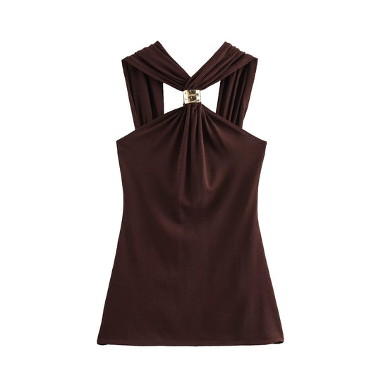 Kvinnors Festtop med Gulddekoration i Elastisk Polyester-1